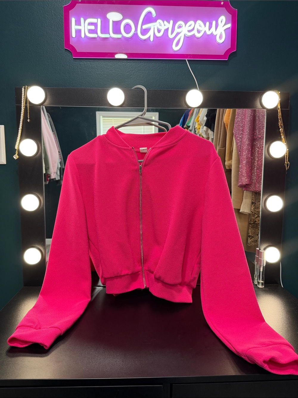 Bright Hot Pink Cropped Zip Jacket